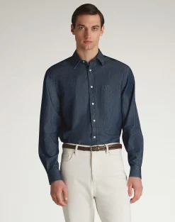 Cotton Cashmere Chambray Long Sleeve Point Collar Shirt