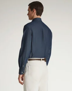 Cotton Cashmere Chambray Long Sleeve Point Collar Shirt