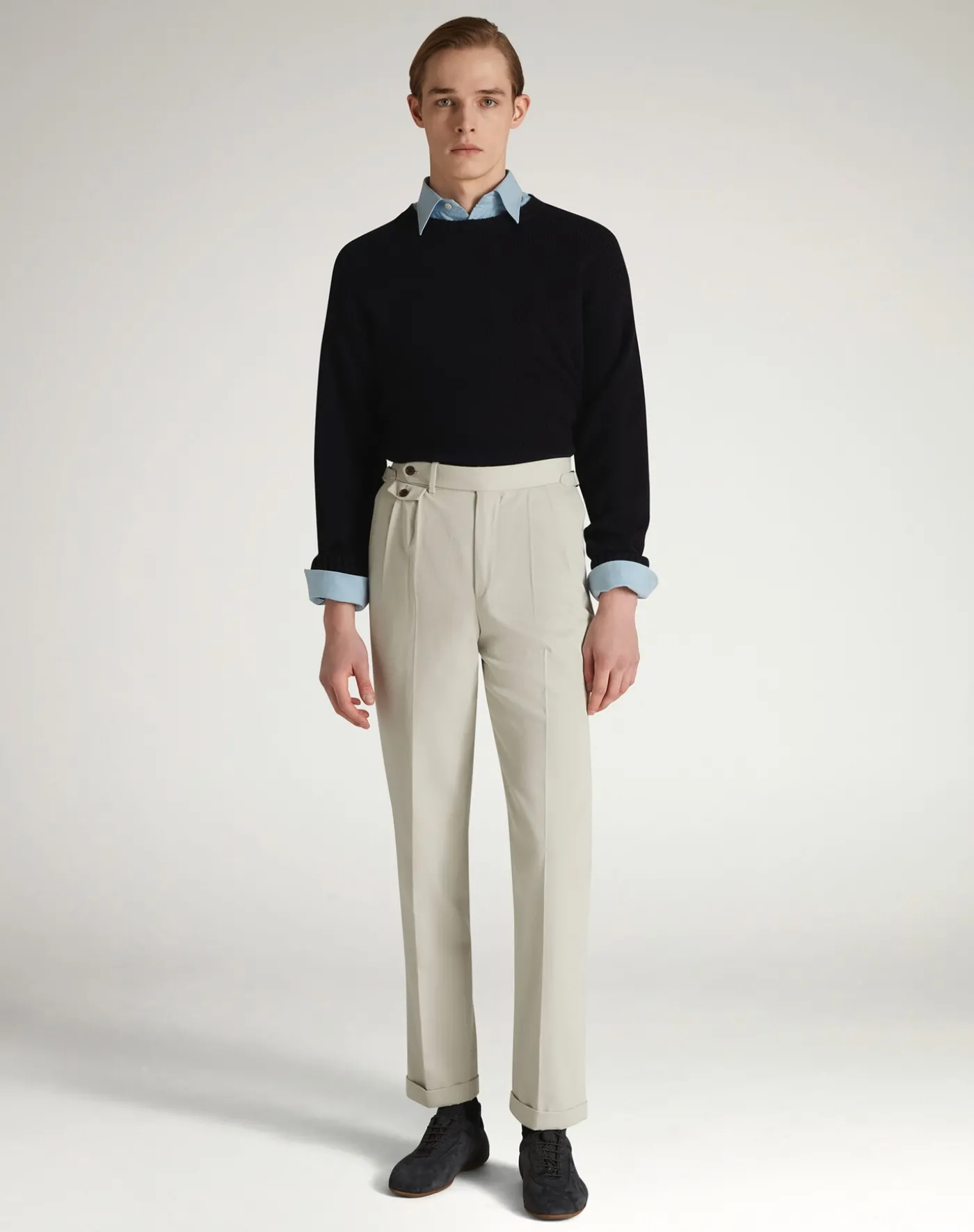 Cotton Cashmere Double Pleated Trousers