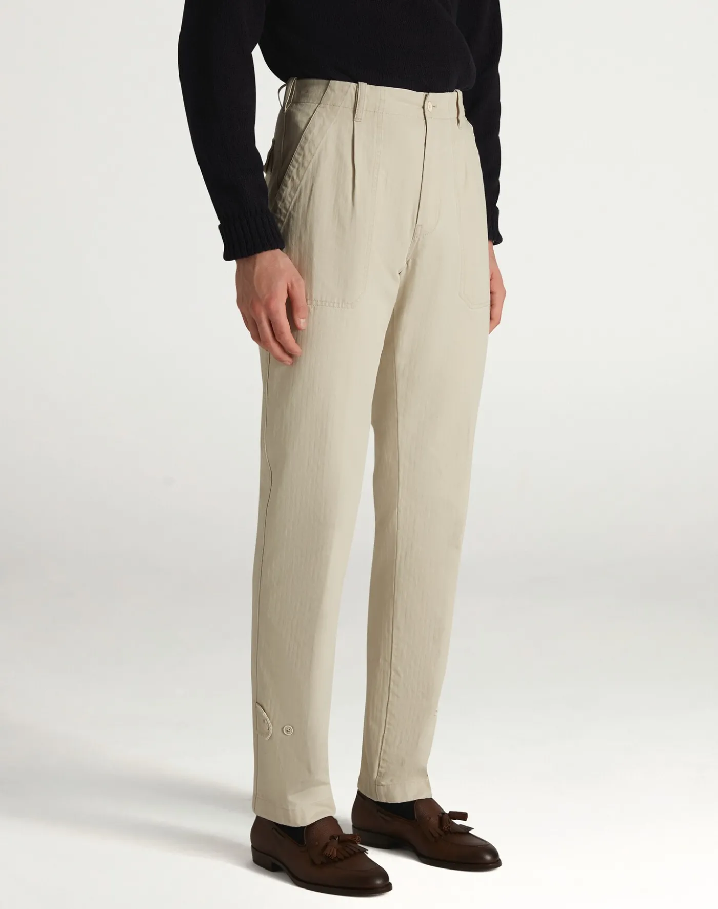 Cotton Micro Herringbone Single Pleat Tapered Chinos