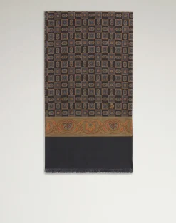 Silk Large Medallion Pin Fringe Evening Scarf