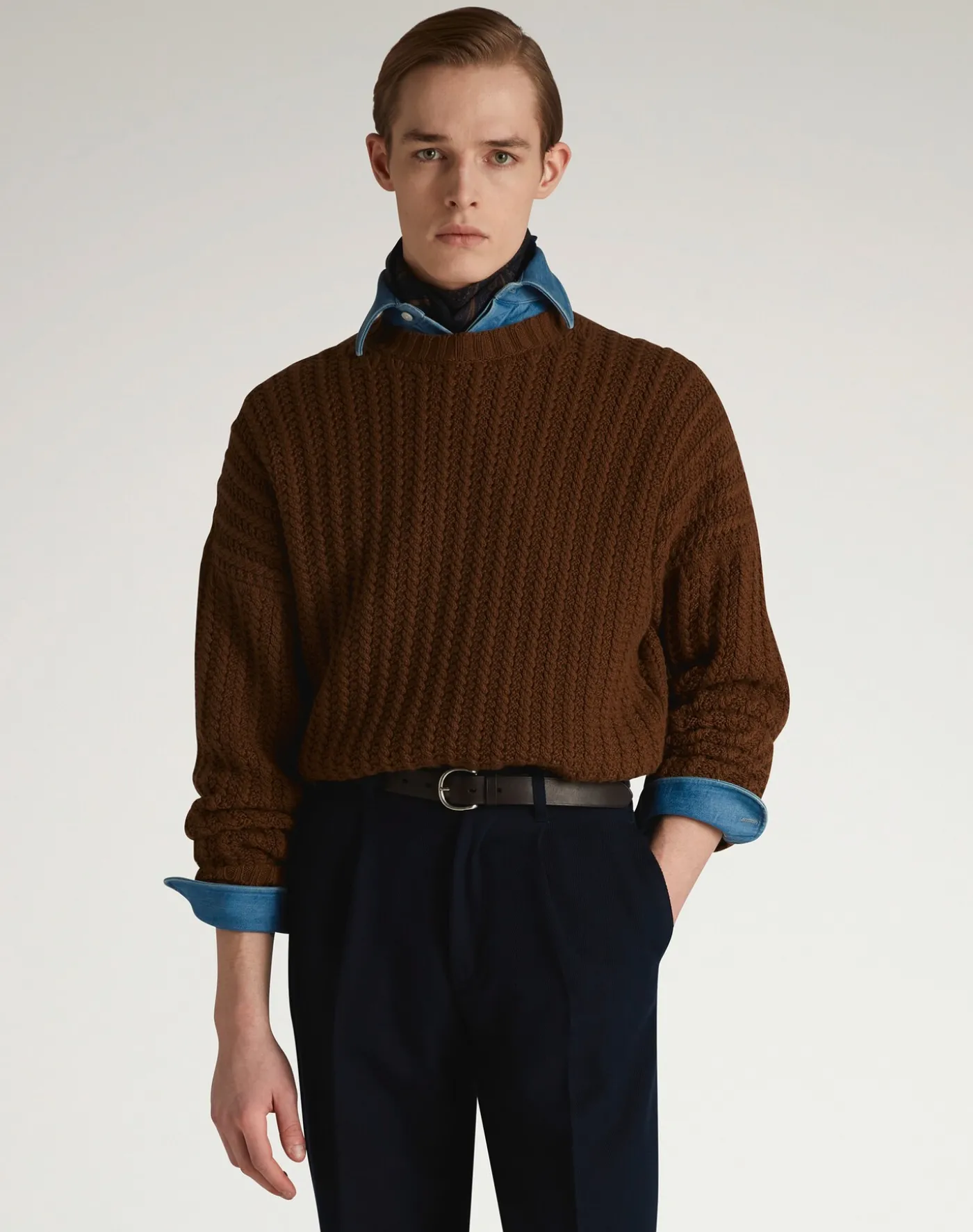 Textured Cashmere Cable Crew Neck Jumper